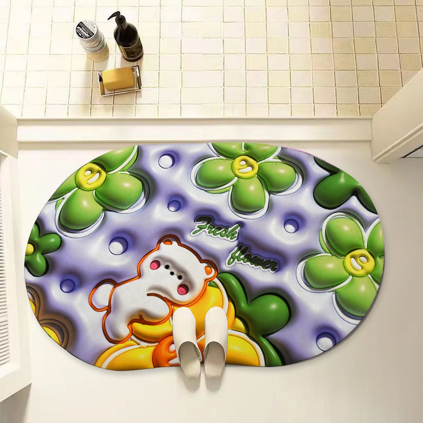 3D Visual Anti-Slip Absorbent Mat New Soft Super Absorbent Floor Mats, Cute Flowers Shower Drying Bathroom Mat