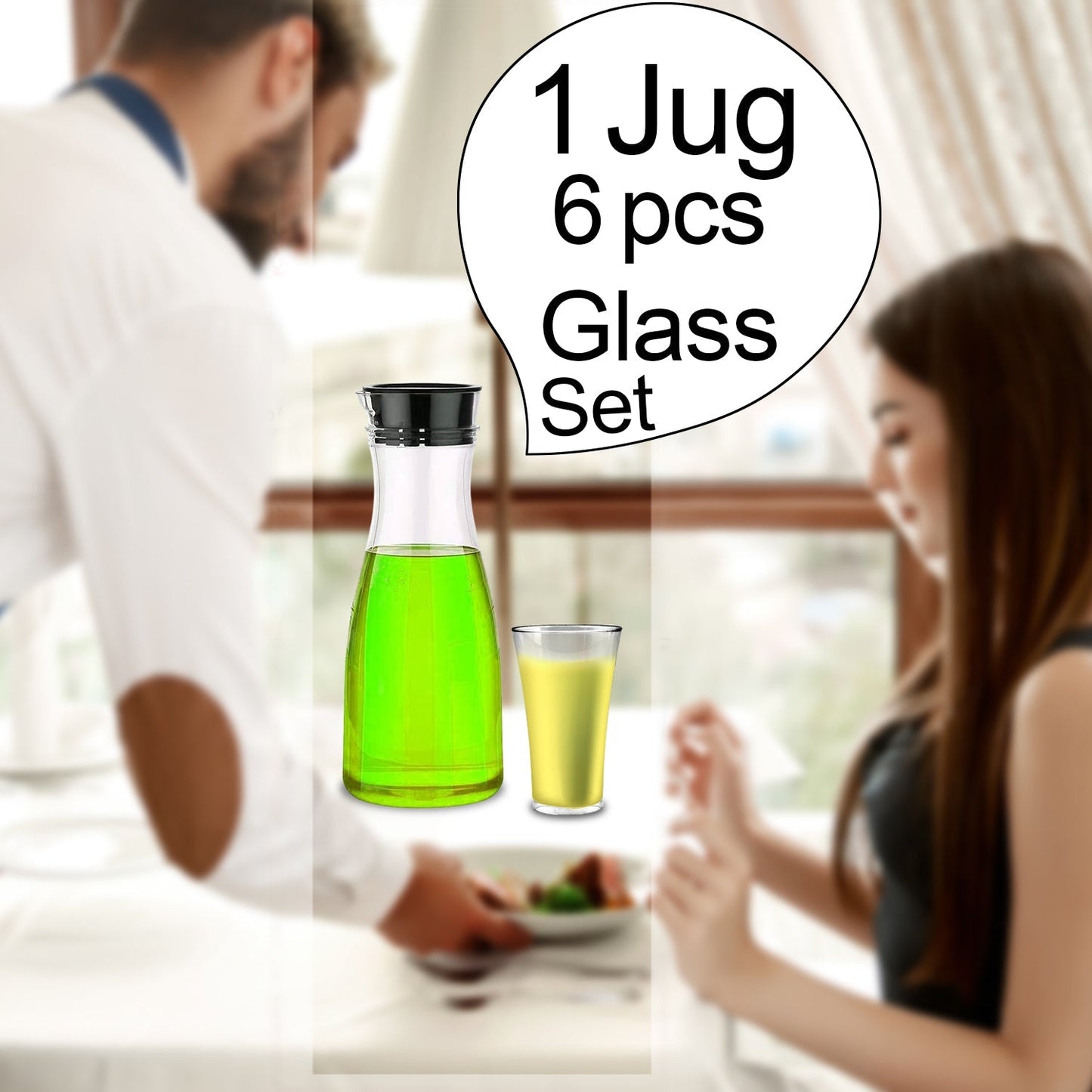 076_Transparent Unbreakable Water Juicy Jug and 6 Pcs. Glass Combo Set for Dining Table Office Restaurant Pitcher 