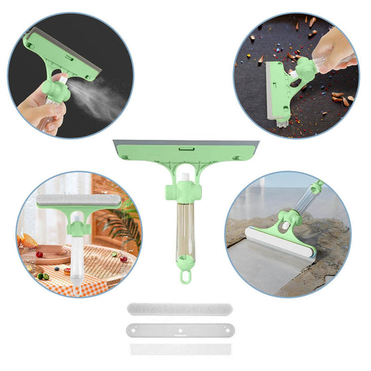 4 in 1 Multifunctional Glass Scraper, Window Glass Wiper with Watering Can, Silicon Cleaning Squeegee with Two Brush Heads, Practical Squeegee for Shower Doors, Windows, Tiles and Car Glass