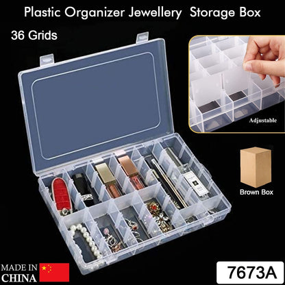 36 Grids Clear Plastic Organizer Jewelry Storage Box with Adjustable Dividers, Transparent Organizer Box (1pc)