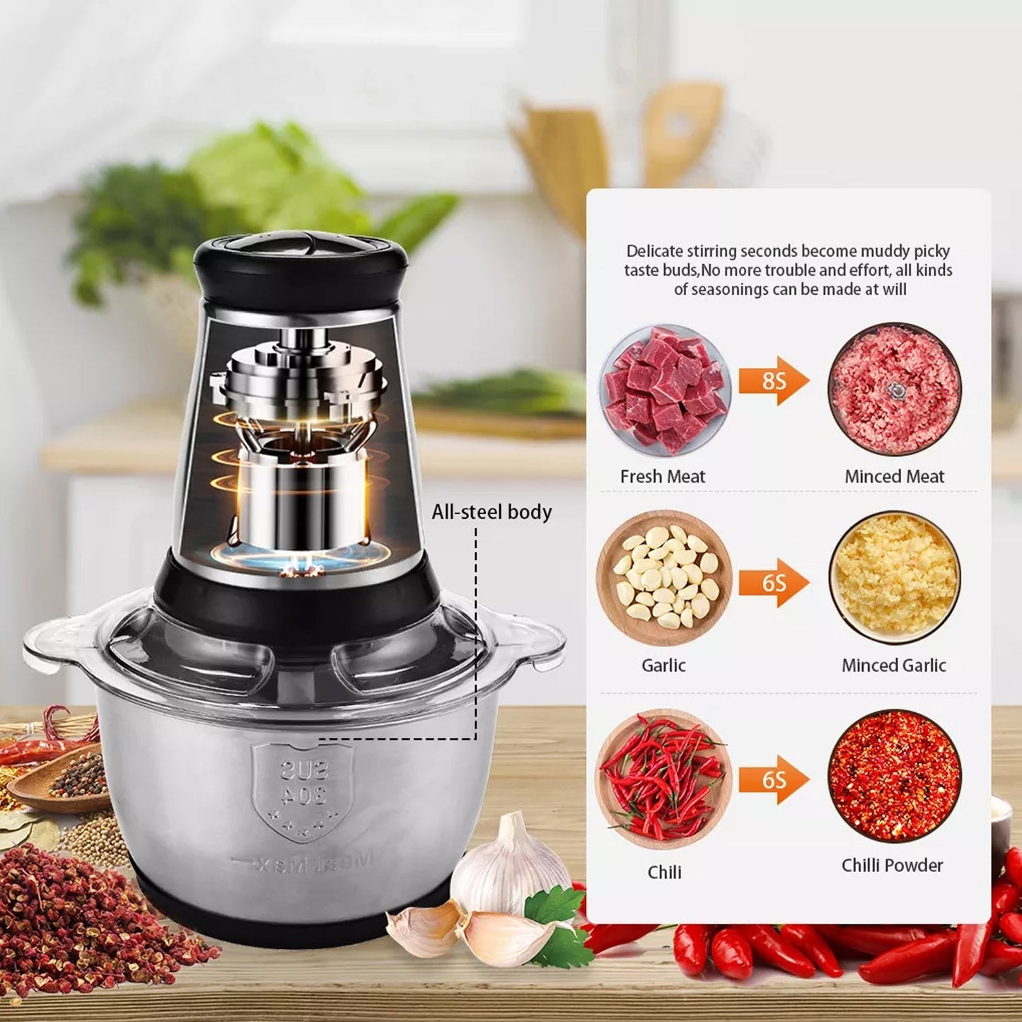 5104 3Ltr Electric Food Processor Stainless Steel Onion Cutter Multi Chopper 2 Speed Levels 5 Blades Universal Chopper for kitchen 