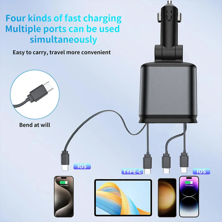 4 in 1 Retractable cables 2 Type C and IOS/ANDROID Fast Charging For Cars